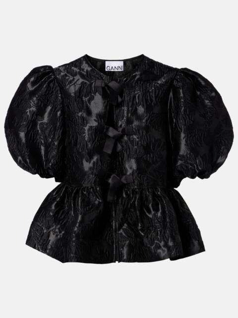 GANNI Bow-detail floral peplum satin blouse