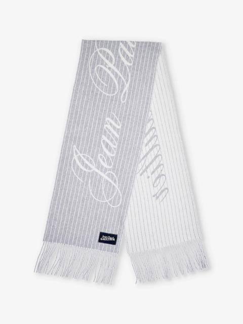 Pinstriped branded-print wool-blend scarf