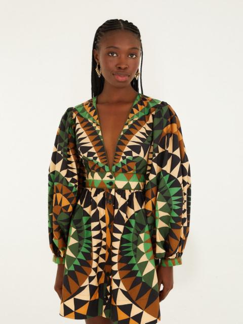 FARM RIO Green Heart Deco Puff Sleeve Organic Cotton Mini Dress