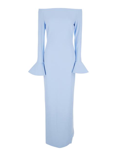 SOLACE LONDON Solace London Women Long Dress 'Anica' With Bell Sleeves And Off Shoulder Design In Blue Stretch Tec