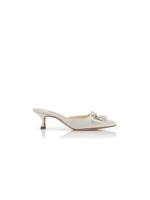 Manolo Blahnik Cream Satin Crystal Buckle Mules