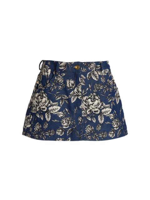 Oscar de la Renta Printed Stretch-Denim Mini Skirt dark wash