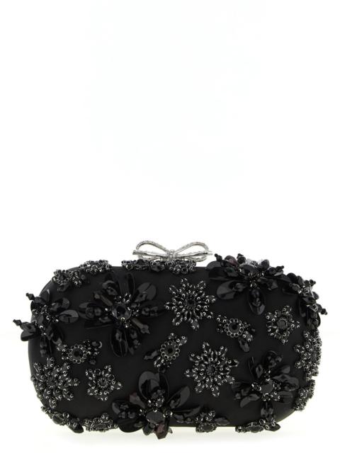 self-portrait Black Satin Floral Crystal Clutch Black