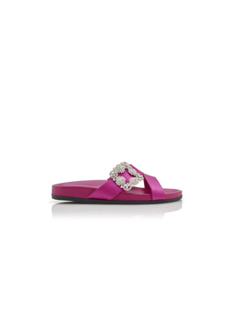 Manolo Blahnik Fuchsia Satin Jewel Buckle Flat Mules