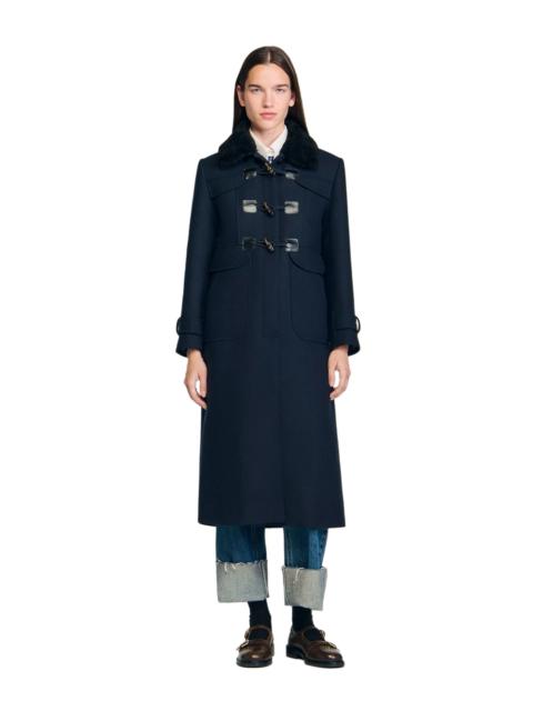 Sandro SANDRO Long coat with velvet collar in Navy Blue at Nordstrom