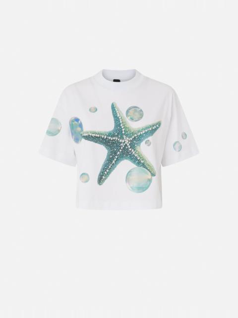 PINKO CROPPED T-SHIRT WITH PRINT AND APPLIQUÉS