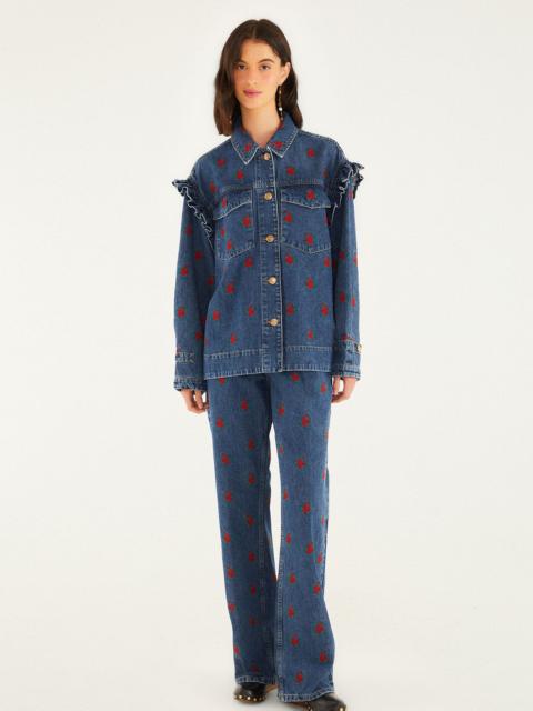 FARM RIO Denim Embroidered Flowers Pants