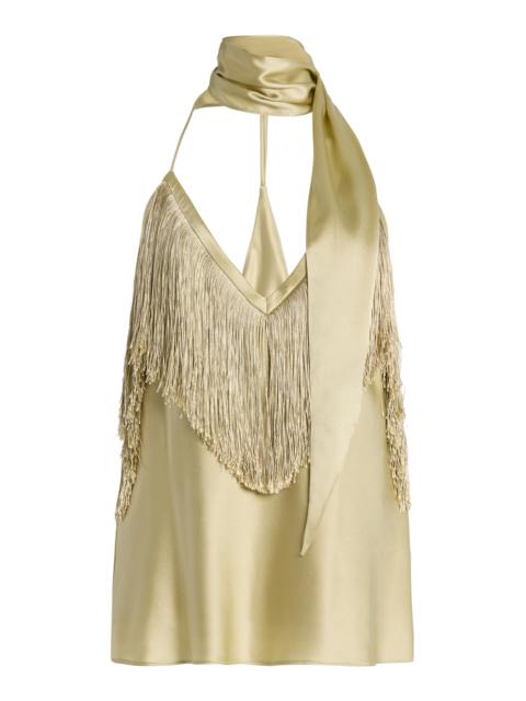 De La Vali Exclusive Sirocco Scarf-Neck Fringed Silk-Blend Satin Top ivory