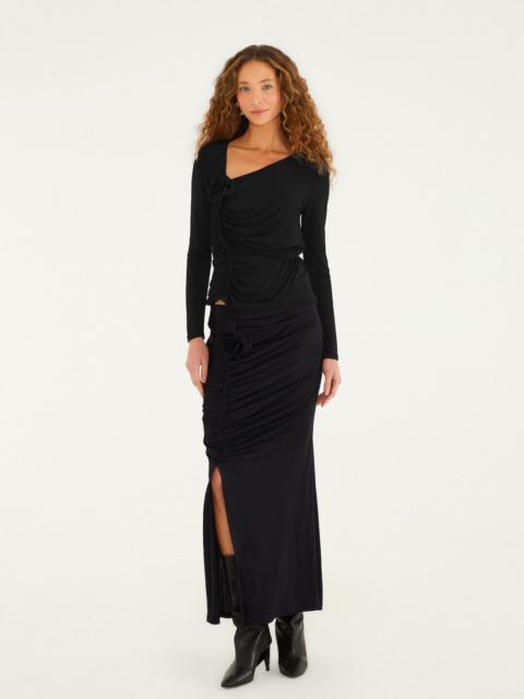 FARM RIO Black Flower Draped Side Slit Midi Skirt