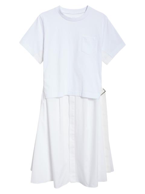 sacai Sacai Mixed Media Poplin & Jersey Midi Dress in Off White at Nordstrom