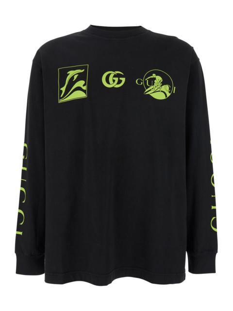 Gucci Men Black Crewneck T-Shirt With All-Over Prints And Maxi Logo Lettering On The Sleeves In Cott