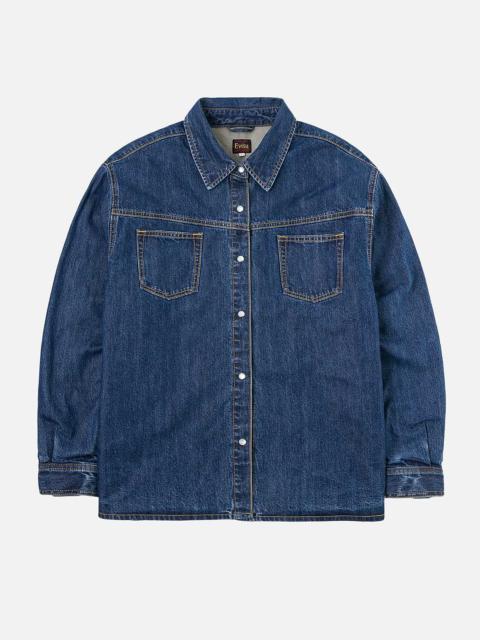 EVISU Distressed Logo Appliqué Embroidery Relax Fit Denim Shirt