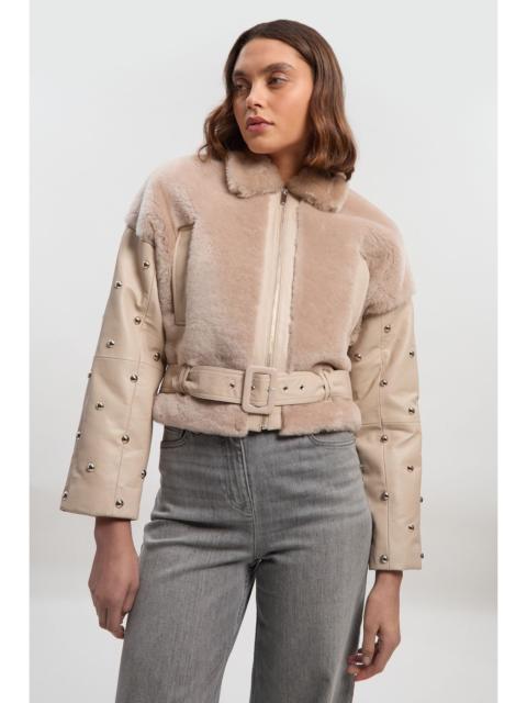 KAREN MILLEN Shearling & Leather Mix Studded Biker Jacket