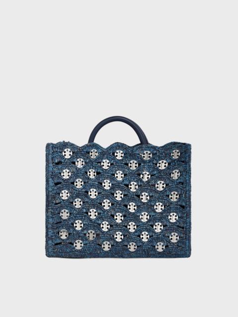 rabanne DENIM BLUE TOTE BAG IN RAFFIA
