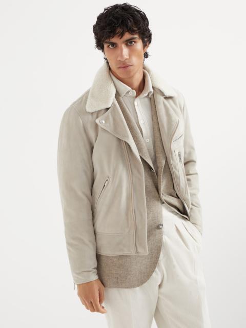 Brunello Cucinelli Suede biker jacket with Thermore® padding and detachable shearling collar