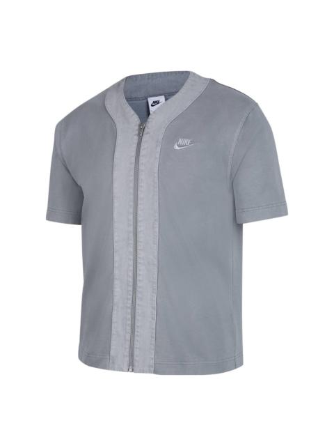 Nike Men's Nike French Terry Loose Logo Splicing Sports Cardigan Short Sleeve Gray T-Shirt DM6900-073