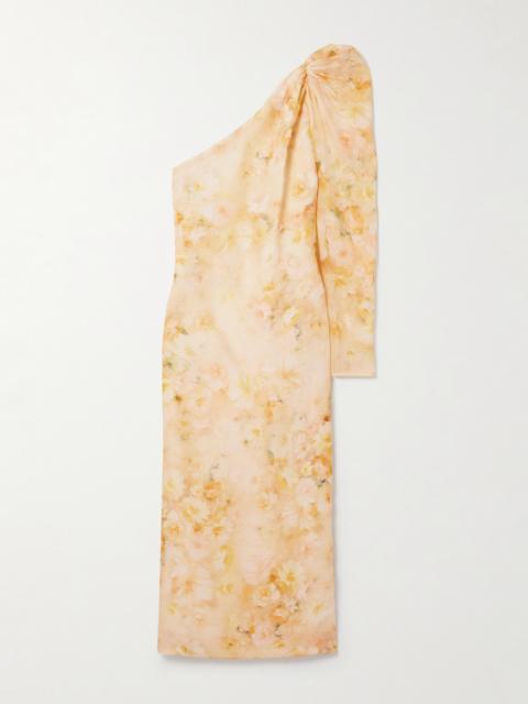 Zimmermann Crush One-sleeve Floral-print Linen And Silk-blend Midi Dress