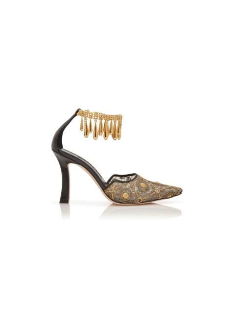 Manolo Blahnik Black and Gold Lace Embellished Pumps
