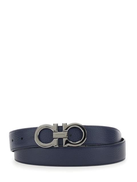 FERRAGAMO Ferragamo Men Blue Reversible Belt With Gancini Buckle In Hammered Leather Man
