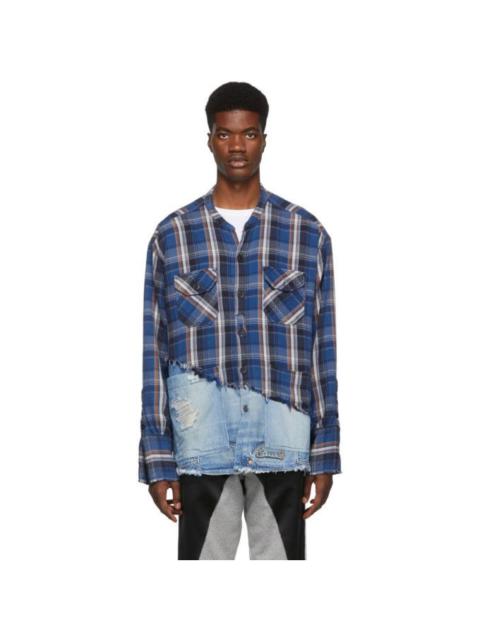 Greg Lauren $1250 Greg Lauren Blue 50/50 Plaid/Denim Studio Shirt