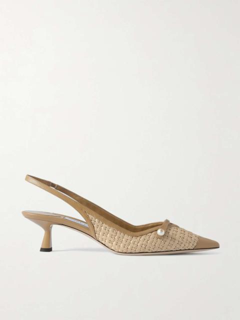 Amita 45 faux pearl-embellished leather-trimmed raffia slingback pumps Light brown