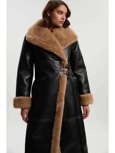 KAREN MILLEN Faux Shearling Oversize Collar Buckle Midi Coat