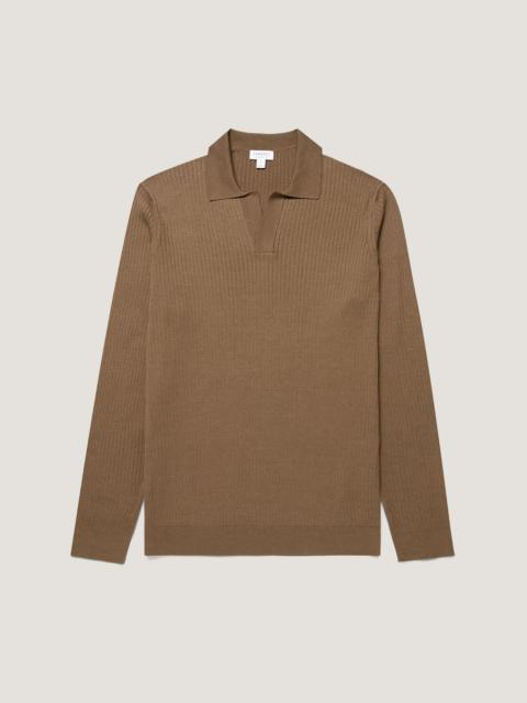 Sunspel Long Sleeve Fine Rib Silk Cotton Polo Shirt