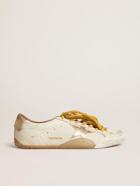 Golden Goose Men's True-Star in white nappa leather with gold foiled leather star and beige suede heel tab