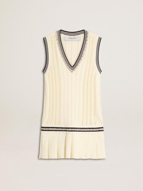Golden Goose Women's worn-white cotton vest dress with dark blue ribbing and crystals
