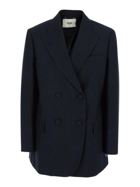 FENDI Fendi Women Blue Double-Breasted Jacket With Peak Revers And Pinstripe Motif In Wool Blend Woman