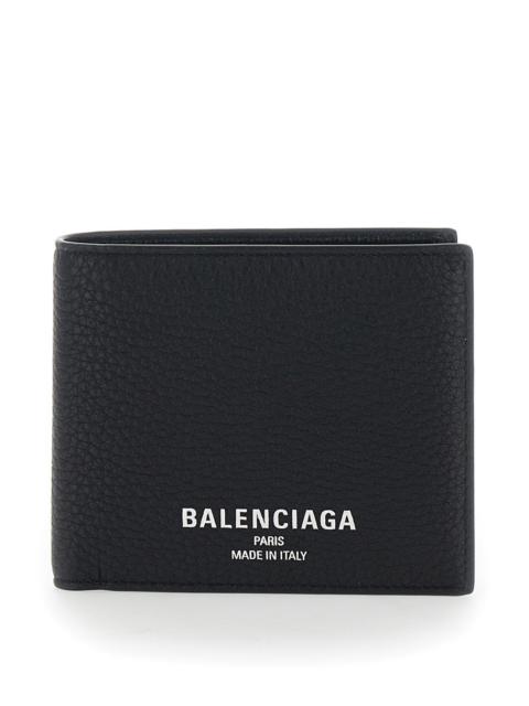 BALENCIAGA Balenciaga Men Black Leather Logo Lettering Bifold Wallet For Men