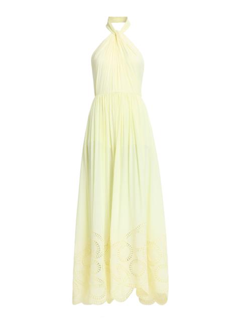 ELIE SAAB Macrame Embroidered Double Georgette Midi Dress yellow