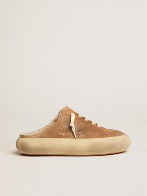 Golden Goose Women's Space-Star Sabot shoes in tobacco-colored suede with shearling lining
