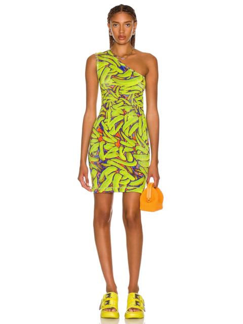 Bottega Veneta Crinkled Banana Print One Shoulder Dress