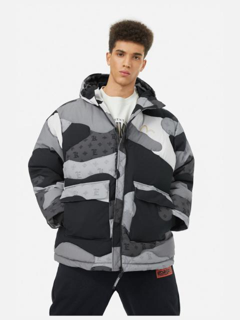 EVISU Quilted Camouflage Panels and Allover Logo Print Loose Fit Down Jacket