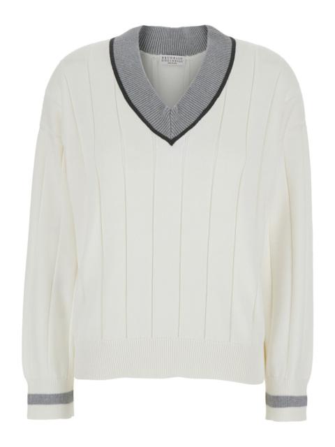 Brunello Cucinelli Women White T-Shirt With V Neck And Monil Detail On The Collar In Cotton Woman