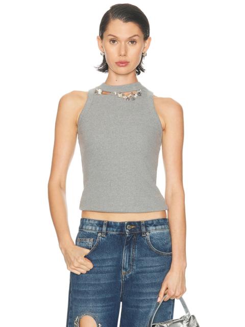 AREA Distressed Crystal Ribbed Knit Tank Top