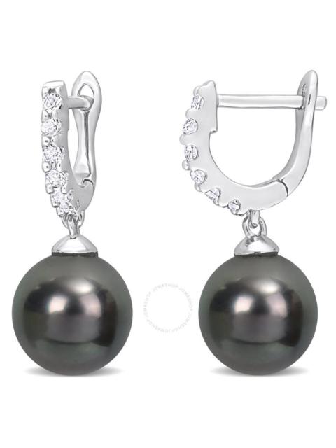 Other Designers AMOUR 8.5-9mm Black Tahitian Pearl and 3/8 CT TGW White Topaz Drop Cuff Earrings In Sterling Silver