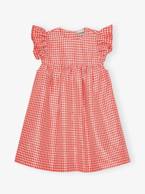 GANNI RED CRINKLED CHECK TAFFETA DRESS