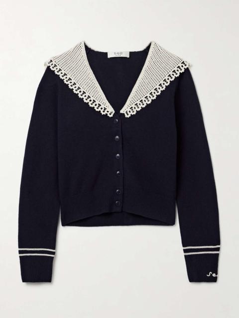 Marie crocheted cotton-trimmed merino wool cardigan Navy