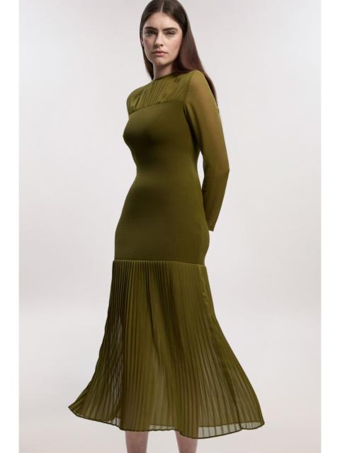 KAREN MILLEN Woven Knit Mix Pleated Midi Dress