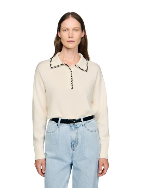Sandro SANDRO Contrast polo-neck knit sweater in Ecru /Black at Nordstrom