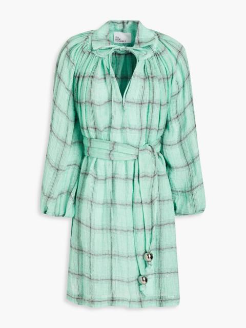 Other Designers Checked linen-blend gauze mini dress