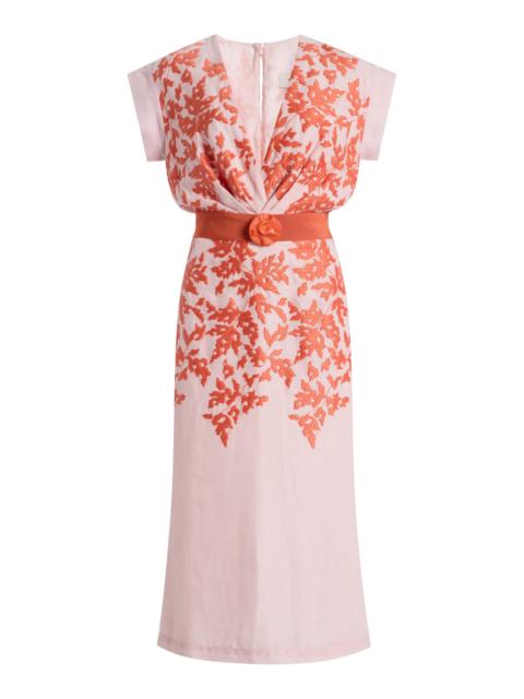 SILVIA TCHERASSI Olive Embroidered Cotton-Linen Midi Dress pink
