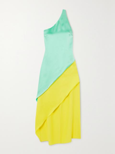 HALPERN Razor One-shoulder Two-tone Satin Midi Dress