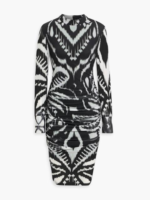 FARM RIO Ruched printed stretch-tulle midi dress