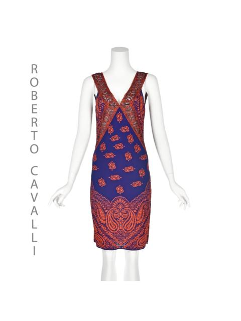 Roberto Cavalli Blue & Orange Sleeveless Paisley Knit Mini Dress