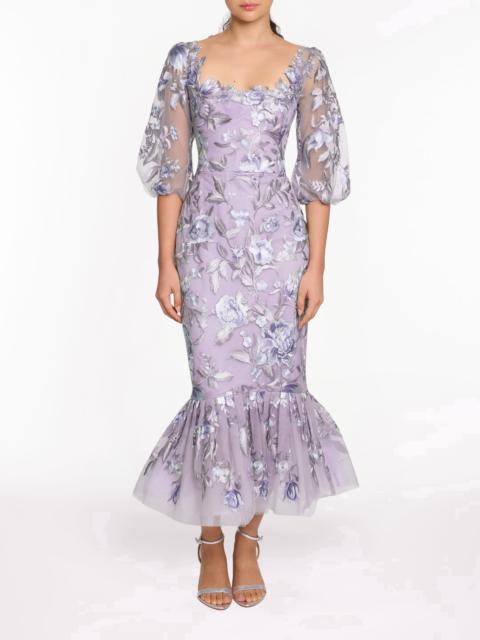 Marchesa EMBROIDERED PUFF SLEEVE MIDI DRESS