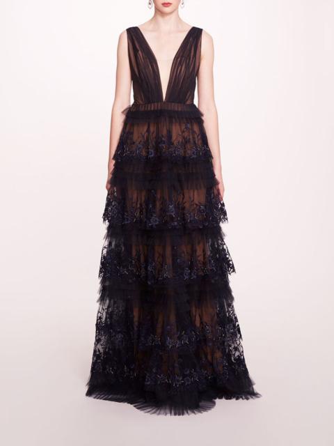 Marchesa TIERED TERRARIUM V-NECK GOWN