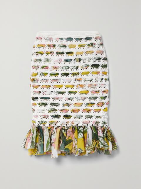 Oscar de la Renta Crochet-knit Cotton And Fringed Printed Chiffon Skirt